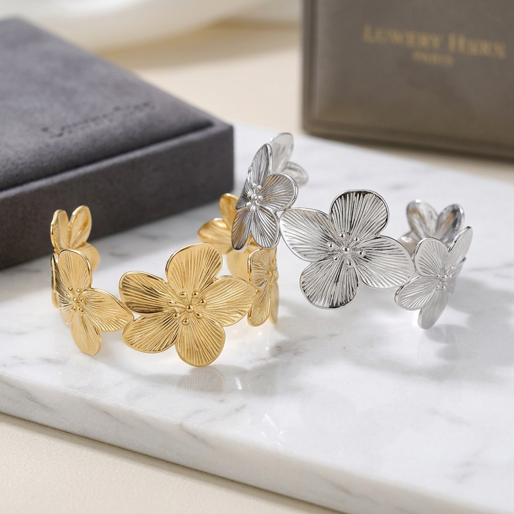 Bracelet Ajustable Fleur en Acier Inoxydable – Élégance Naturelle