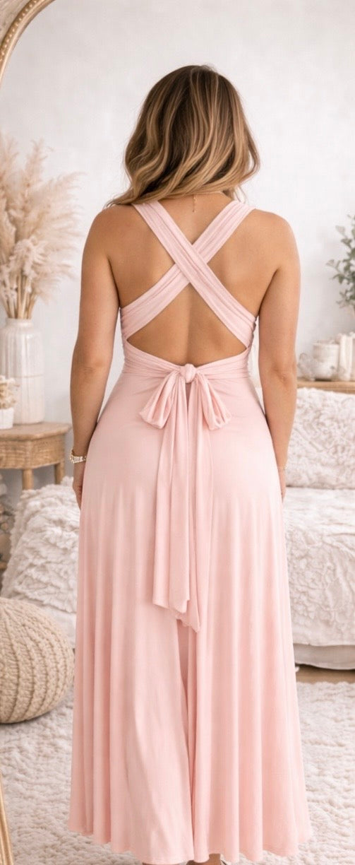 Robe longue dos nu modulable – Drapé fluide & nouage ajustable