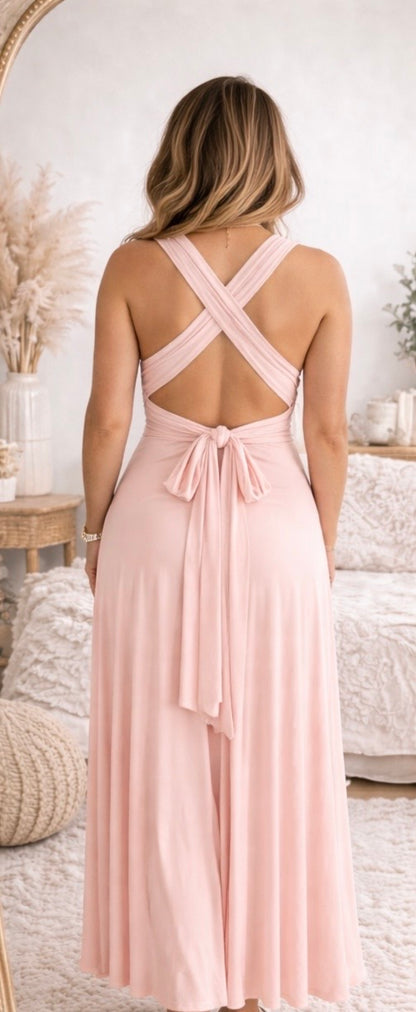 Robe longue dos nu modulable – Drapé fluide & nouage ajustable