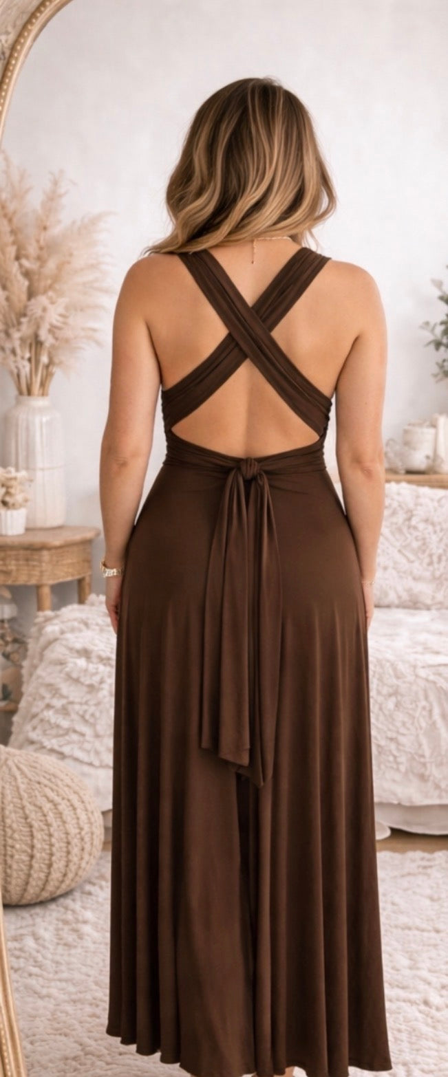 Robe longue dos nu modulable – Drapé fluide & nouage ajustable