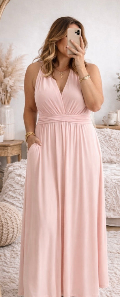 Robe longue dos nu modulable – Drapé fluide & nouage ajustable