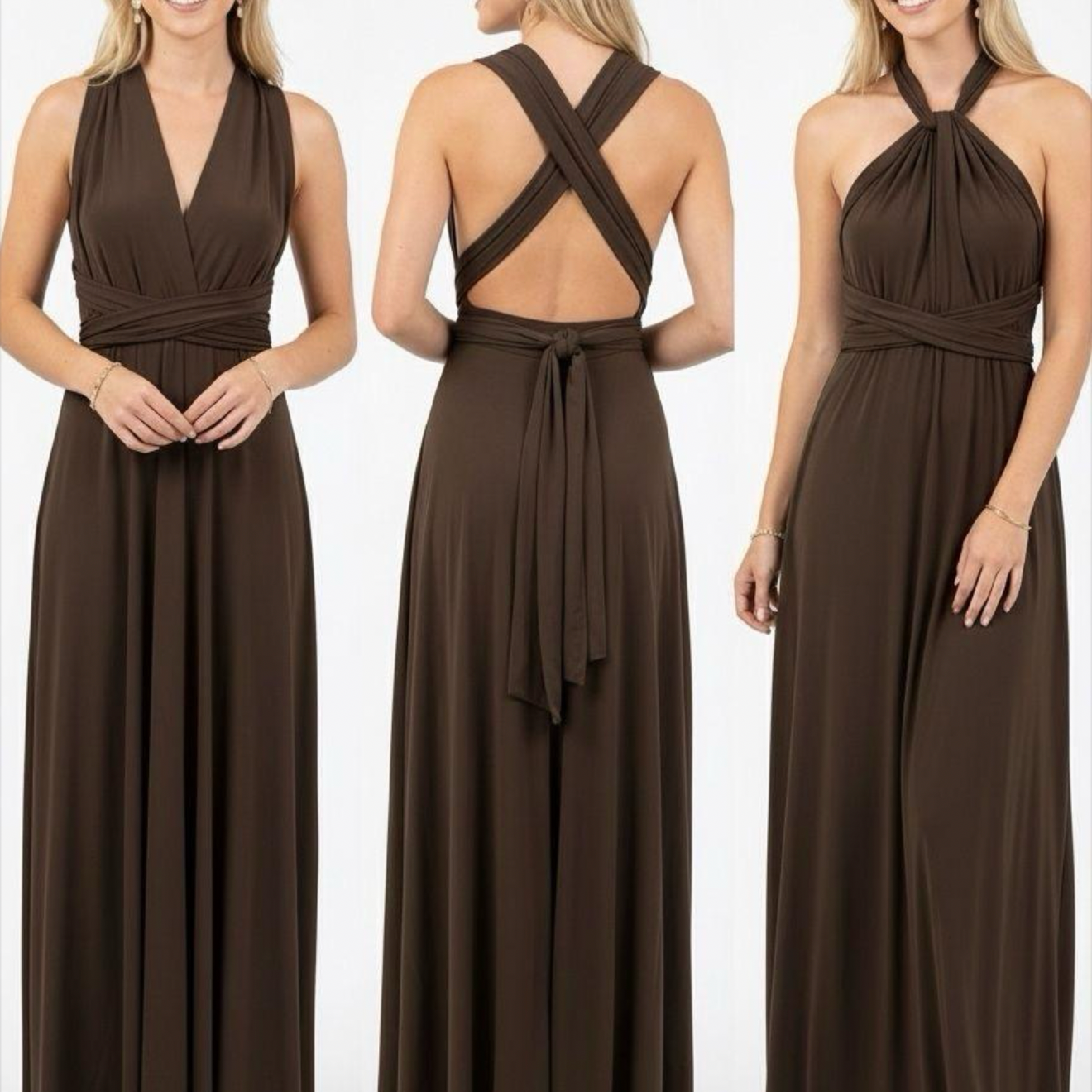 Robe longue dos nu modulable – Drapé fluide & nouage ajustable