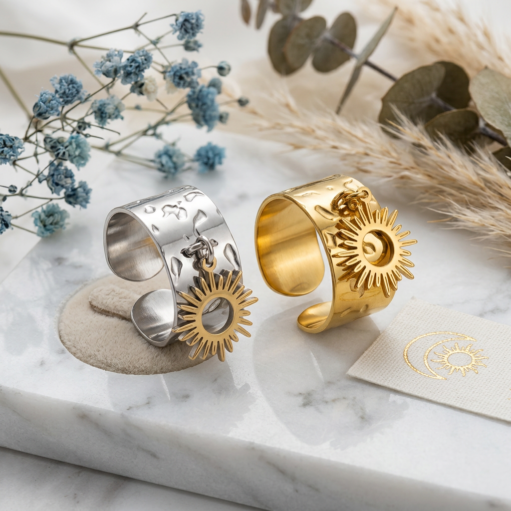 Bague Ajustable en Acier Inoxydable – Élégance Moderne & Détail soleil