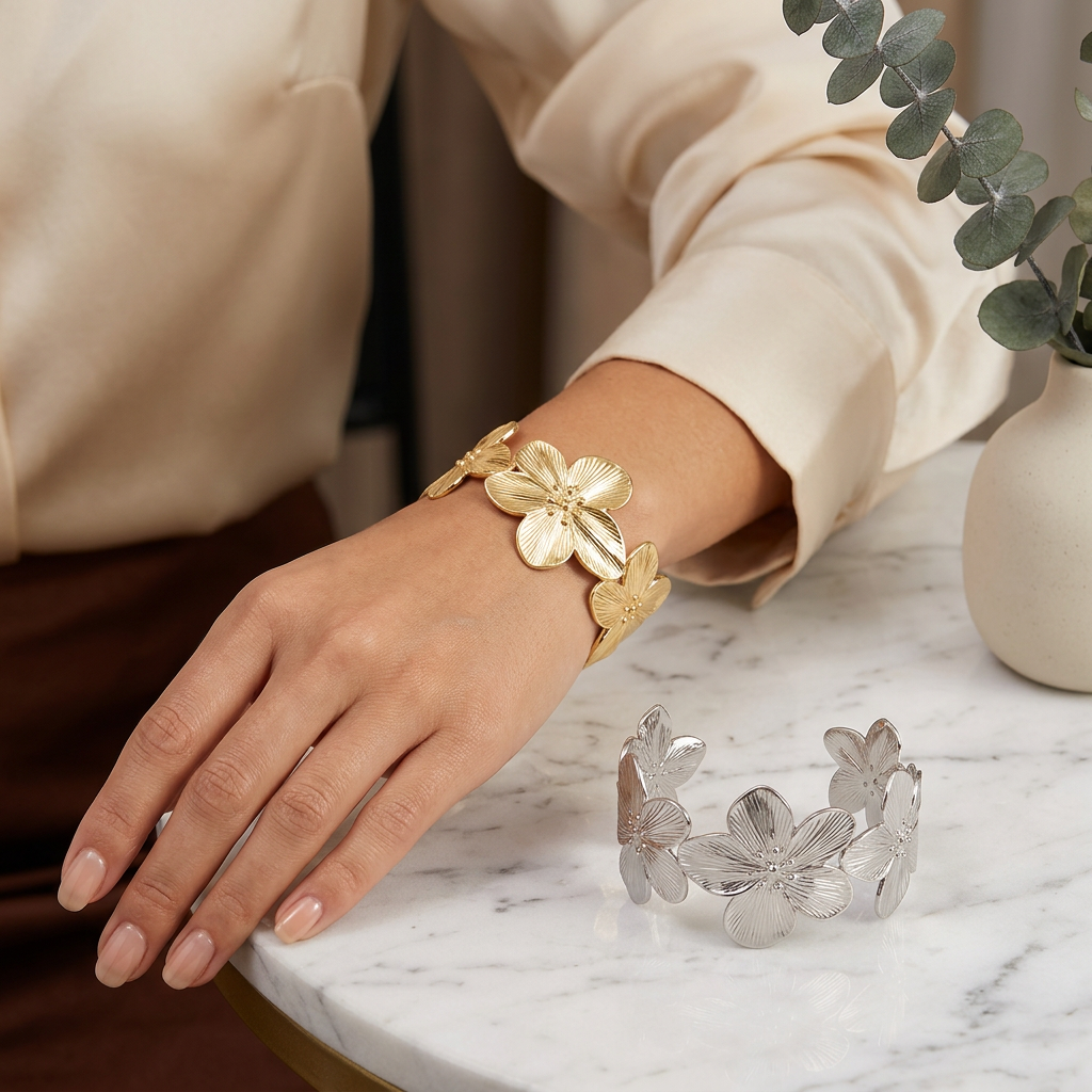 Bracelet Ajustable Fleur en Acier Inoxydable – Élégance Naturelle